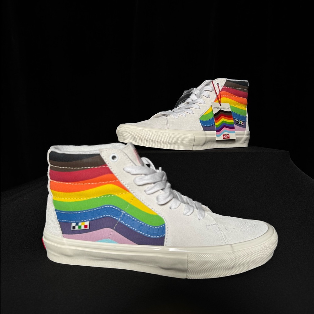 Vans Men’s White High-Top Sneakers with Rainbow Pride